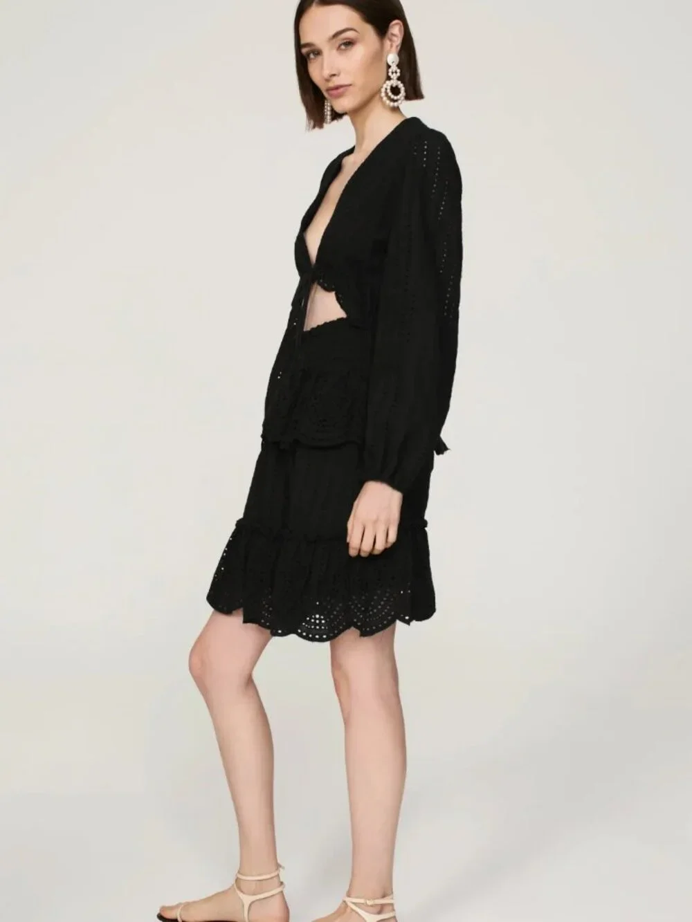 AREA STARS Lela Mini Dress Black Eyelet w/ Cutouts Deep V Tie Front Tiered MED